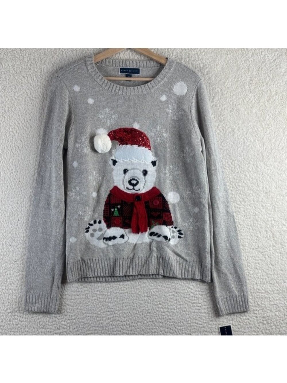 NWT Karen Scott Womens Gray Polar Bear Pompom Christmas Holiday Sweater M MEDIUM